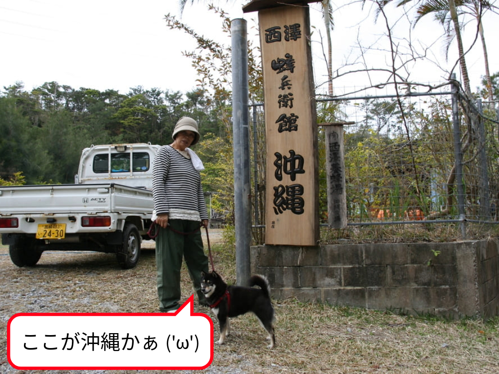 蜂兵衛館 沖縄の看板の前で「ここが沖縄かぁ」と言っているベン